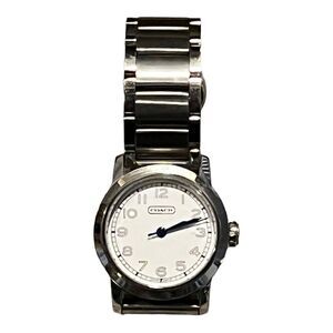 Coach Womens Chain Link Band Logo White Dial Silver Tone Watch EUC